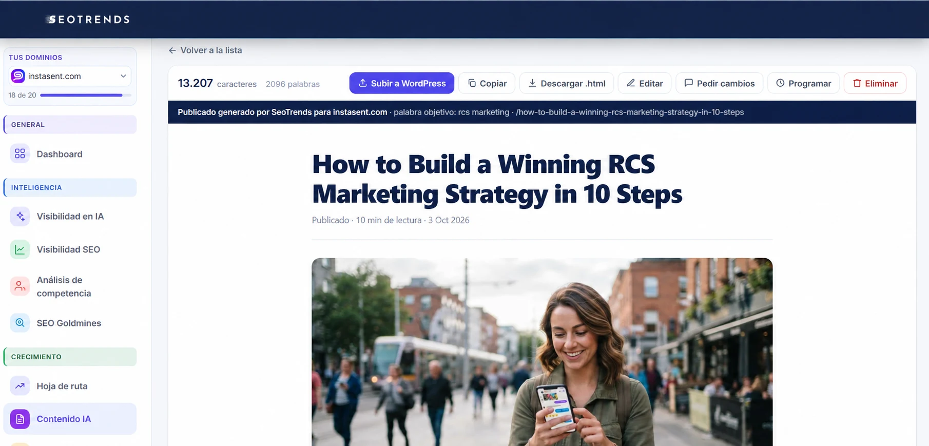 Instasent article on RCS marketing generated with AI, with options to upload to WordPress, copy, edit, request changes and schedule