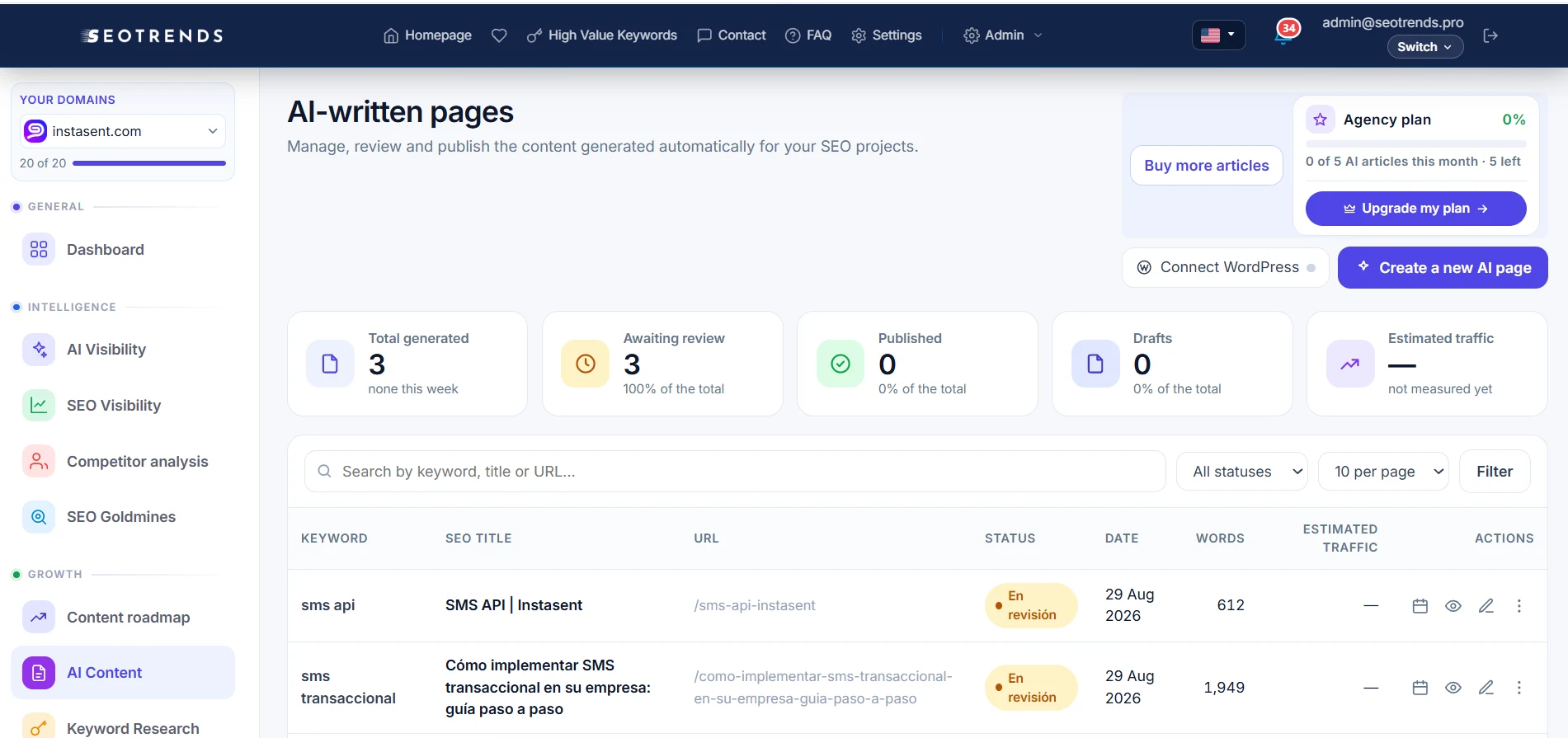 Managing AI-created pages, content review and the WordPress connection